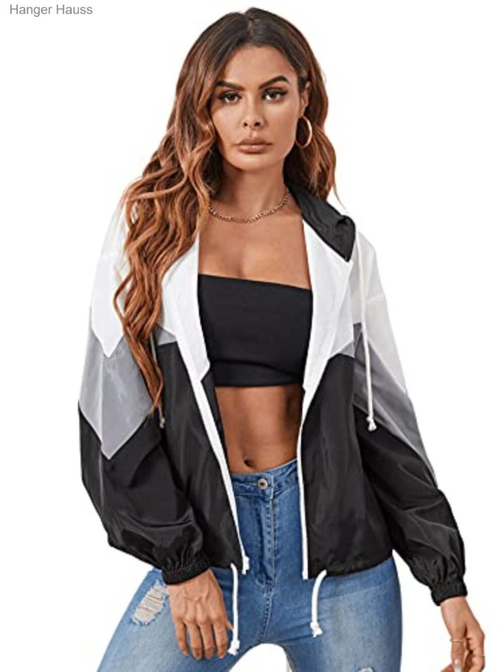 Women's Hooded Color Block Windbreaker Jacket Lightweight Quick Dry Zip Up